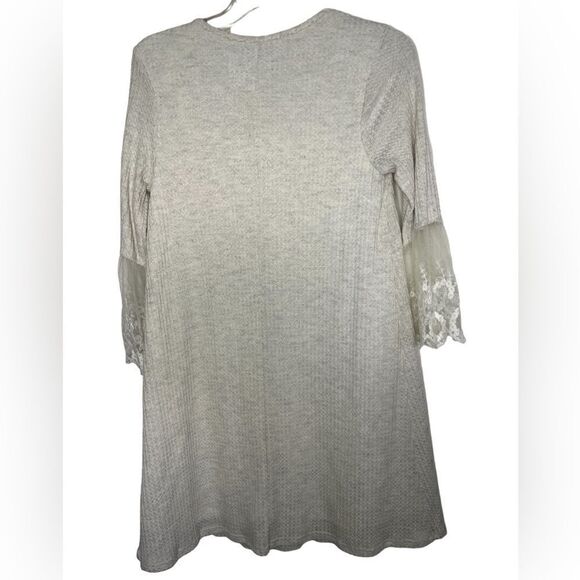 Francesca’s Collections Alya Cream Boho Lace Sleeve Waffle Knit Shift Dress - Picture 2 of 8